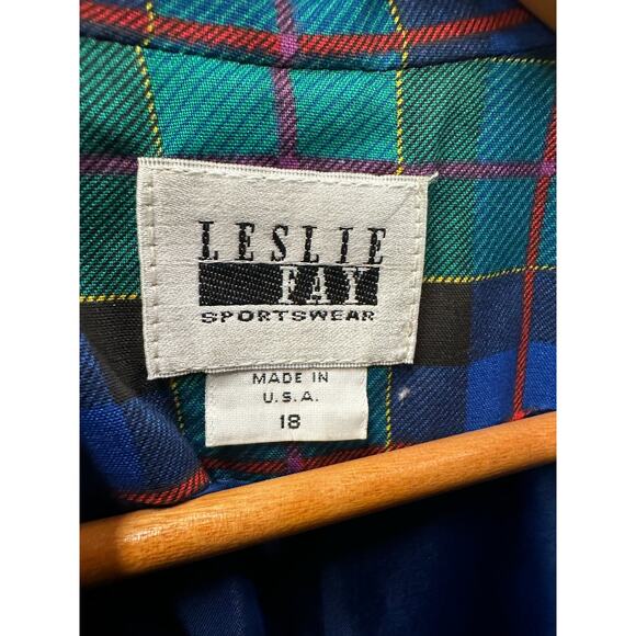 Leslie Fay Plus Size 80s Tartan Blue Green Plaid Blazer Size 18 - Picture 9 of 11